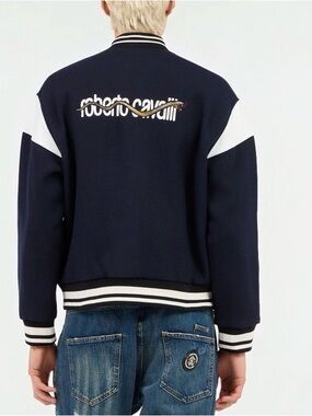 Roberto Cavalli Snake Varsity Jacket NWT Navy White Men’s M Luxury